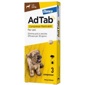 Elanco AdTab Compresse Masticabili Antiparassitarie per Cani 1,3 - 2,5 kg - 3 Compresse da 56 mg al Gusto di Carne