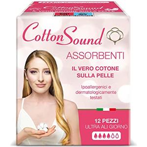 COTTON SOUND ULTRA ALI GIORNO Assorbenti con Cotone 12 Pezzi, 100% Cotone Idrofilo, Ipoallergenici, Dermatologicamente Testati, Super Assorbenti, Tecnologia Multistrato, Made in Italy