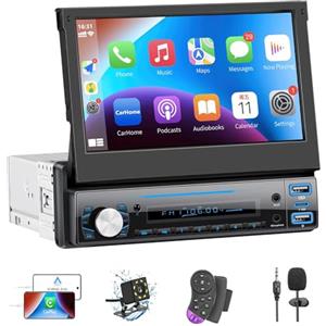LSLYA Autoradio 1 Din con Carplay ＆ Android Auto, stereo auto scomparsa con schermo 7 pollici con ricevitori audio per auto Bluetooth, telecamera di backup, Mirror Link, supporto FM/AUX/EQ