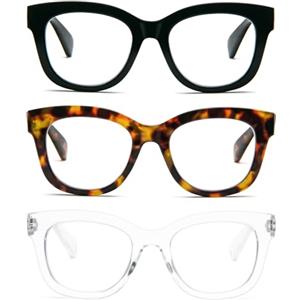 KoKoBin 3 Pack Occhiali da Lettura Rotondi Oversize Donna Uomo Anti Luce Blu Computer Cerniera a Molla Reader 2.5