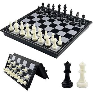 Fousenuk Scacchiera Magnetica Portatile, Dama Gioco da Tavola, Scacchi da Viaggio, Pedine Scacchi Magnetici, Chess Board Portatili per Bambini e Adulti (Bianco E Nero) 25 × 25 cm