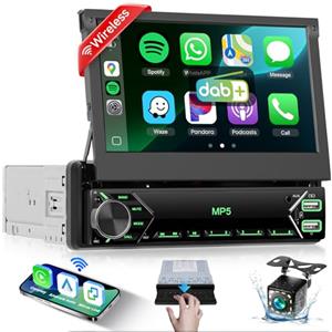 podofo 7 pollici Flip Out Autoradio 1 Din con DAB Wireless Carplay Android Auto, Podofo 1 Din Touch Screen Autoradio Bluetooth con Mirror Link EQ FM USB Tipo-C AUX Microfono Telecamera posteriore HD