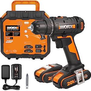 WORX 18V(20V MAX) Trapano Avvitatore senza Fili WX100.3, PowerShare, Coppia Massima 30 Nm, Veocità Variabile, Luce LED, Mandrino Autoserrante da 10 mm, 2 Batterie incluse