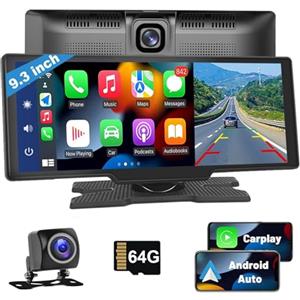 Podofo 9,3 Pollici Portatile Autoradio da 2.5K Dual Dash Cam con Schermo Android Auto Wireless A-pple Carplay, 7-32V Touch Screen con Assistente Vocale/Bluetooth/FM Trasmettitore/AUX/64G TF Card