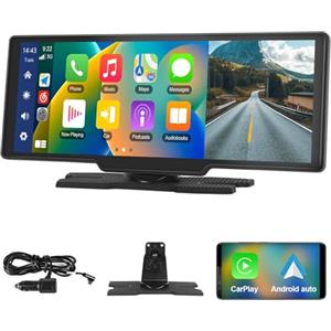 Podofo 10,26 Pollici Portatile Autoradio con Wireless A-pple Carplay & Android Auto Tocuchscreen，7-32V Monitor con A-pple Airplay/Assistente Vocale/Bluetooth/Trasmettitore FM/AUX/TF Card