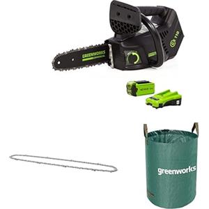 Greenworks Motosega a Batteria con Impugnatura Superiore, Motore Brushless, Lunghezza Barra 25cm, Batteria 40V 2Ah e Caricabatterie + GreenWorks 25cm Catena + Greenworks Sacco da giardinaggio da 120l