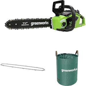 Greenworks Motosega a Batteria con Motore Brushless, Lunghezza Barra 14-Pollice (35 cm), SENZA Batteria 40V e Caricabatterie + Greenworks 35cm Catena +Greenworks Sacco da giardinaggio da 120l