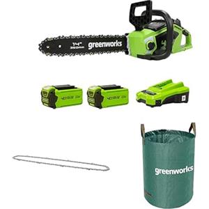 Greenworks Motosega a Batteria con Motore Brushless, Lunghezza Barra 14 Pollice (35cm), 2 Batterie da 40V 2Ah e caricabatterie + Greenworks 35cm Catena + Greenworks Sacco da giardinaggio da 120l