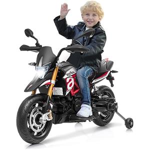 COSTWAY Aprilia 12 V Moto Motocicletta Elettrica per Bambini, con Ruote Ausiliarie Antiscivolo Luci LED e Musica MP3, Moto Elettrica alla Moda per Bambini 3-8 Anni (Rosso)