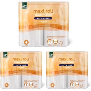by Amazon Carta igienica (maxi rotolo), 2 veli trapuntata, morbida e delicata, 4 rotoli (1 confezione da 12), 500 strappi per rotolo, certificato FSC
