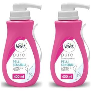 Veet Pure Crema Depilatoria Gambe & Corpo per Pelli Sensibili, Dermatologicamente Testata, Formato Convenienza 400 ml (Confezione da 2)