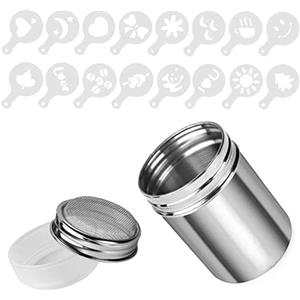 DDSHUN Shaker per cioccolato in acciaio inox Duster draga lattine di caffè spruzzini in polvere set cacao cannella in polvere lattina con 16 stampi per caffè stencil per cucina cottura cappuccino caffè latte