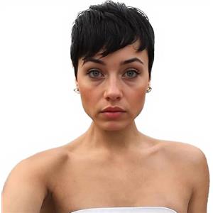 VPB Parrucca Corta Donna,Parrucca Donna Capelli Veri Umani Corti Pixie Cut Wigs with Bangs Straight Boy Cut Ladies Wigs(Nero)