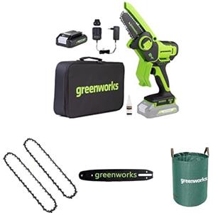 Greenworks 24V Mini motosega 10cm a batteria senza filo alimentata da una batteria da 2Ah + Greenworks 10cm catena 2 pieces+ Greenworks 10cm barra a catena + Greenworks Sacco da giardinaggio da 120l
