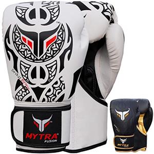 Mytra Fusion guantoni da boxe 10 oz 12 oz 14 oz 16 oz guantoni boxe per l'allenamento di pugni sparring Muay Thai guantoni Uomini e donne guanti boxe (18-oz, White/Black)