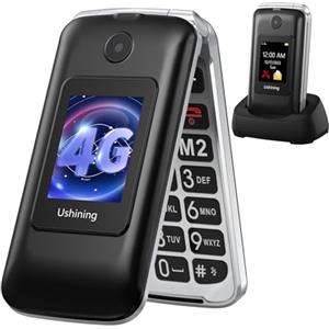 USHINING Telefono Cellulare Anziani 4G, Cellulare per Anziani Tasti Grandi a Conchiglia con Doppio Schermo da 2,8 e 1,77 Pollici Volume Alto Pulsante SOS Base di Ricarica Chiamata Rapida Sveglia, Nero