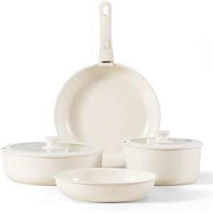CAROTE Ceramica Batteria di pentole 7 Pezzi con manici amovibili,Set Padelle Antiaderenti,Padella 24/28cm,Casseruola 18cm,Wok 26cm,Ceramica e salute impilabile per Induzione,Forno,Lavastoviglie