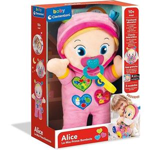 Clementoni Alice, la Mia Prima Bambola, Peluche,entro Attivita con Ciuccio e 3 Tasti per Imparare Forme, Numeri, Colori, Parole e Versi degli Animali, Clementoni,Eta 10+ mesi
