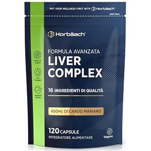 Horbäach Liver Complex | con Cardo Mariano, Estratto di Carciofo, Radice di Tarassaco, Curcuma, Vitamina C, D e Altro | 120 Capsule Vegane | Integratore Depurativo Fegato | Funzione Epatica | Horbaach
