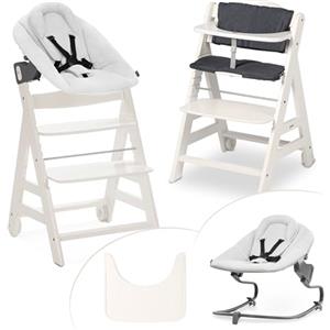 hauck Seggiolone Beta+ Newborn Set Premium da 0 Mesi - Seggiolone Legno Evolutivo, con Sdraietta Neonati (Dondolo Neonati), Cuscino Seduta, Vassoio - (Sdraietta: Grigio chiaro, Bianco)