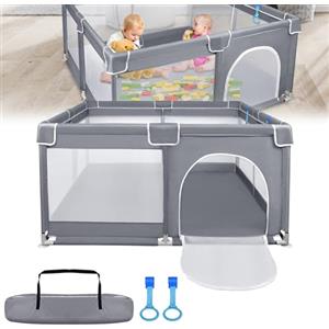 TWOLIIN Box per bambini, 127 x 127 cm, con rete traspirante, 4 ventose, grande area giochi di sicurezza, tessuto Oxford, griglia di protezione per bambini, grigio