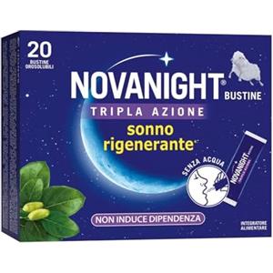 Novanight Tripla Azione Bustine, Magnesio, Melatonina per Dormire, Integratori per Dormire, Disturbi del Sonno - Senza Glutine, con Griffonia, Non Induce Dipendenza (20 Bst Gusto Camomilla e Agrumi)