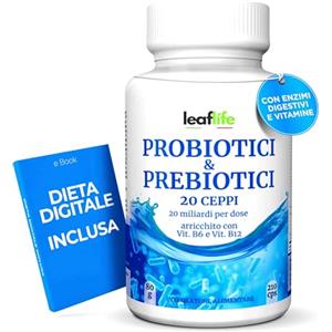 leaf-life PROBIOTICI E PREBIOTICI 20MLD (DIETA INCLUSA) 210 COMPRESSE - Probiotici per Intestino | 20 Ceppi con Enzimi Digestivi, Vit. B6, B12 & Inulina, Regolarità Intestinale, Gonfiore Addominale Donna e Uomo