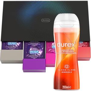 Durex Fun Explosion, Mix Preservativi Assortiti con Rilievi e Nervature, Preservativi Sottili e Aromatizzati, 40 Profilattici + Durex Massage 2 in 1 Ylang Ylang, Lubrificante Sessuale Intimo, 200 ml