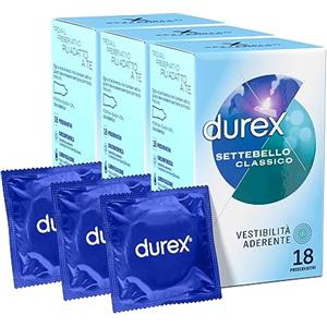 Durex 3x Preservativi Durex Settebello Classico Condom in Lattice di Gomma Naturale Trasparenti e Lubrificati - 3 Confezioni da 18 Profilattici Ognuna