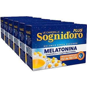 Sogni d'oro Sognid'oro Plus Camomilla Solubile con 1mg di Melatonina Senza Zuccheri per Favorire il Sonno - 6 Confezioni da 16 Bustine