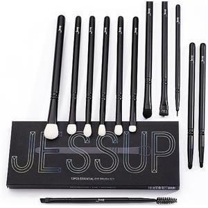 Jessup Pennelli Occhi Set 12 Pz Pennelli Trucco Professionale Capelli Sintetici Naturali Ombretto Sbavatura Sopracciglio Ciglia Eyeliner Nero T322