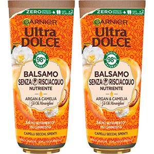 Garnier Ultra Dolce Balsamo Nutriente per Capelli Secchi e Spenti Formula Senza Risciacquo con Ingredienti 98% di Origine Naturale agli Oli Meravigliosi di Argan e Camelia - 2 Flaconi da 200ml