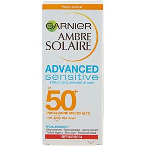 Garnier Ambre Solaire Sensitive Advanced Protezione Solare, Crema Protettiva Viso e Collo, Pelli Sensibili, IP 50+, 50 ml