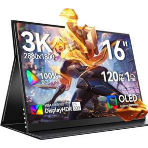 UPERFECT Monitor Portatile OLED 3K 120Hz 16 Pollici con 100000:1 500 Nit 2880*1800 16:10 DCI-P3 Schermo Mini HDMI USB C per PC Laptop Cellulare Console di Gioco, Alloggiamento in Metallo, Compatibile VESA