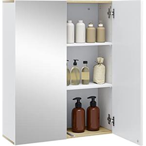 EUGAD Armadietto da Bagno Pensile, Specchio Contenitore con 2 Ripiani Interni Regolabili, Mobile Sospeso da Bagno Salvaspazio con 2 Ante, Mobiletto Bianco e Rovere 60x20x75cm