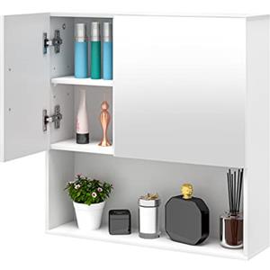 EUGAD Armadietto da Bagno con Specchio e Anta, Mobiletto Sospeso con 5 Scomparti, Pensile da Cucina, Soggiorno, Camera da Letto, in MDF e Metallo, Bianco