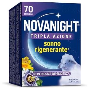 Novanight Tripla Azione Melatonina per Dormire, Integratori per Dormire, Disturbi del Sonno - Senza Glutine, con Melatonina, Escolzia, Passiflora, Melissa. Non Induce Dipendenza (70 Compresse)