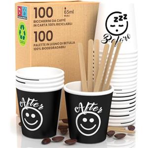 Baciato Caffè 100 Bicchierini in Carta per caffè 65ml DownUpCUP Bicchieri Ecologici Biodegradabili e Monouso Piccoli Asporto Bevande Calde + 100 Palettine in legno di Betulla