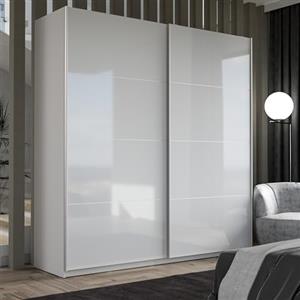 Forte Armadio STARLET PLUS 200, Guardaroba, Ante Scorrevoli Moderno Camera da Letto 2 Ante con Ripiani e Asta Appendiabiti, Bianco/Bianco Lucido, 200x210x61 cm