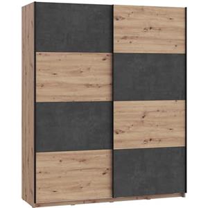 Forte Armadio RAVEN 170, Guardaroba, Ante Scorrevoli Stile Industriale Camera da Letto/Giovani, 2 Ante, Decoro Legno: Rovere Artigiano/Effetto Cemento Grigio Scuro, 170x210x61 cm