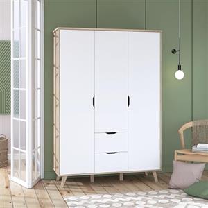 Forte Armadio VANKKA 140, Guardaroba 2 Cassetti, Ante Battenti Scandinavo, Camera da Letto/Bambini 3 Ante Rovere Plank/Bianco, 139x201.5x53 cm