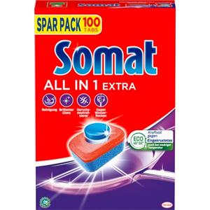 Somat All in 1 pastiglie extra per lavastoviglie (100 schede), lavelli piatti per una pulizia brillante anche a basse temperature, combattono anche i residui secchi