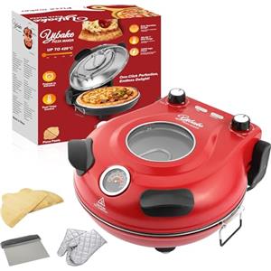 YIBAKE Forno Pizza Elettrico, Pizza 4' Minuti, Φ 31cm Pietre da Forno, Max 420℃ Forno Pizza, inkl. Pala per Pizza, Raschietto e Ricette Rosso