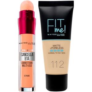 Maybelline New York Instant Anti-Age Cancella Età Correttore Multiuso 02 Nude Applicatore + Fit Me Matte & Poreless Fondotinta Liquido 112 Soft Beige Pelli Normali e Grasse