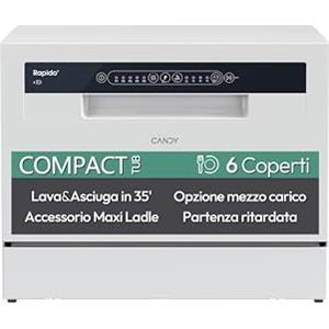 Candy Rapido' CP 6E51LW Lavastoviglie Compatta da tavolo, Libera Installazione, 6 Coperti, 5 Programmi, 51 dB, Ciclo Rapido 35', Partenza ritardata, Classe E, AxLxP 44,3x55x50,1 cm, Bianco [Classe E]