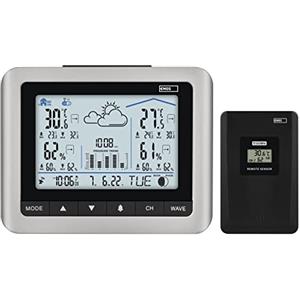 EMOS Stazione meteo radio con retroilluminazione bianca, sensore esterno, temperatura °C/°F, umidità, previsioni meteo, letture max/min, orologio radio 12/24h, calendario, funzionamento a batteria