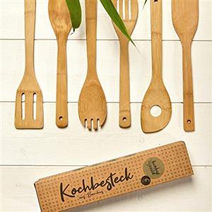 bambuswald© Set Utensili Da Cucina Ecologico e Senza Plastica 6 Pezzi In 100% Bambù, Mestoli ad es. Mestolo Per Mescolare, Per Zuppa, Servispaghetti, Set Di Mestoli, Posate Per Insalata, Cucchiaio