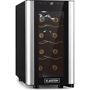 KLARSTEIN Reserva Slim Uno - Frigorifero Vini, Cantinetta, Temperatura: 11-18 °C, Silenzioso: 26 dB, 3 Ripiani in Metallo, Luce LED, Protezione da UV, 23 L/8 Bottiglie, Nero