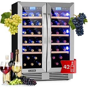 KLARSTEIN Cantinetta Vino Design da Incasso, Cantinetta Vino Refrigerata a Zona Doppia per Vino Rosso, Bianco e Birra, Controlli Touch, Frigo Vino Cantinetta per Esterno/Interno, 126L, 42 Bottiglie