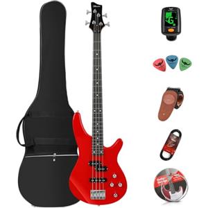 Bullfighter Basso elettrico a 4 corde, full size, P Bass, kit per principianti, nero, con custodia morbida, tracolla per chitarra, plettri e cavo per chitarra (Red)